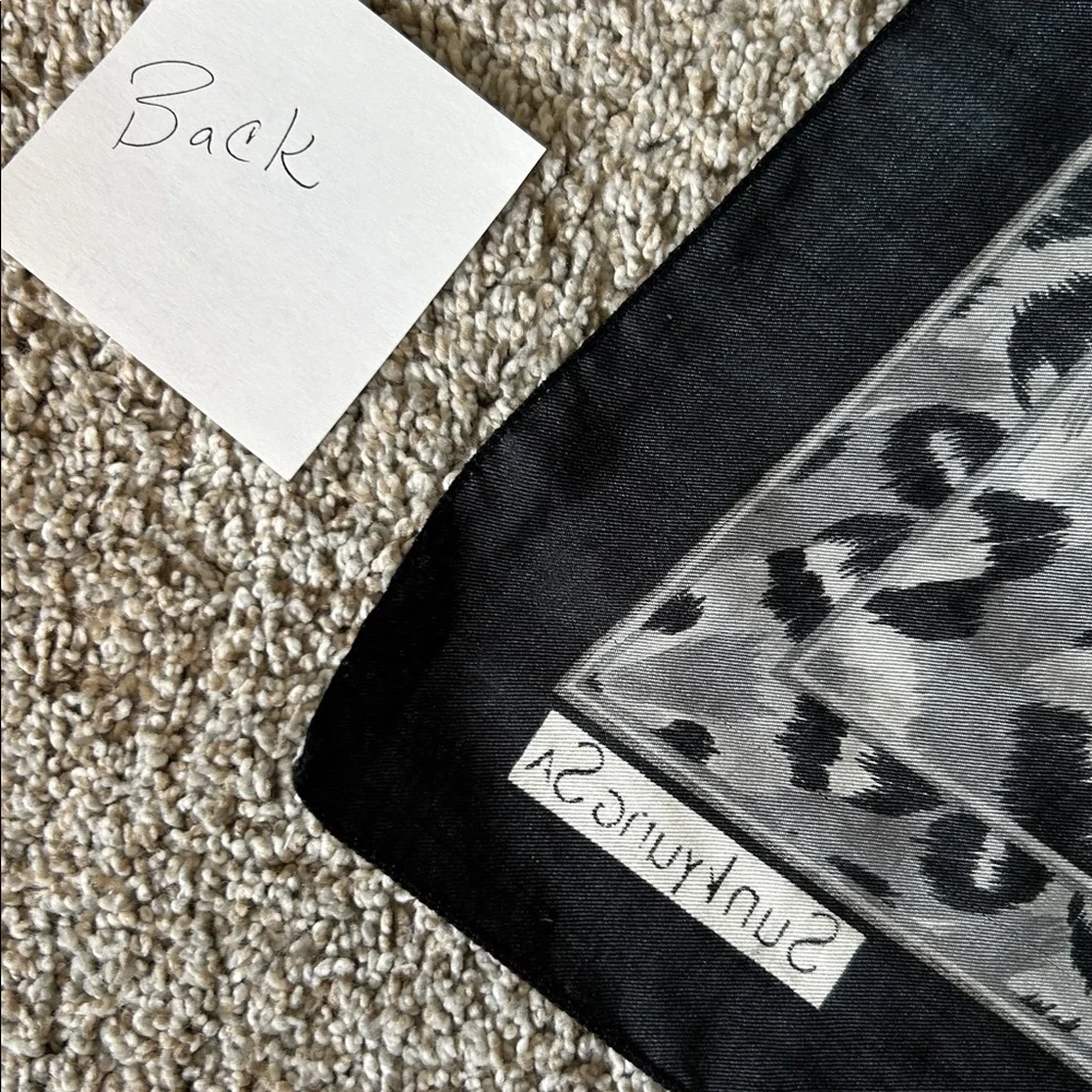 Leopard print scarf 34”x34” black & white & grey center of scarf has animal